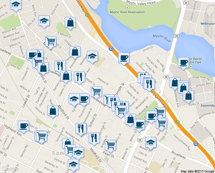 map of restaurants, bars, coffee shops, grocery stores, and more near 41 Heath Street in Somerville