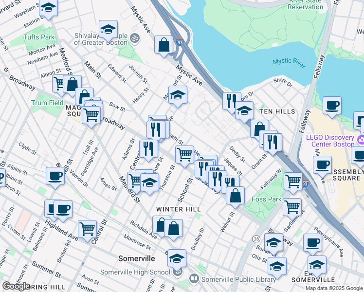 map of restaurants, bars, coffee shops, grocery stores, and more near 11 Fenwick Street in Somerville
