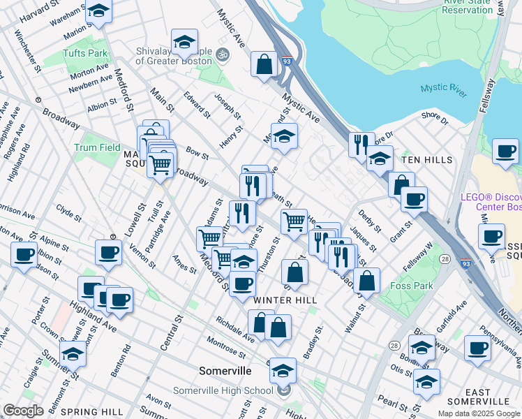 map of restaurants, bars, coffee shops, grocery stores, and more near 379 Broadway in Somerville