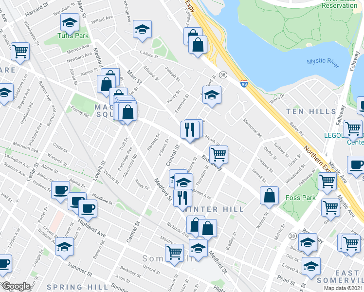 map of restaurants, bars, coffee shops, grocery stores, and more near 201 Central Street in Somerville