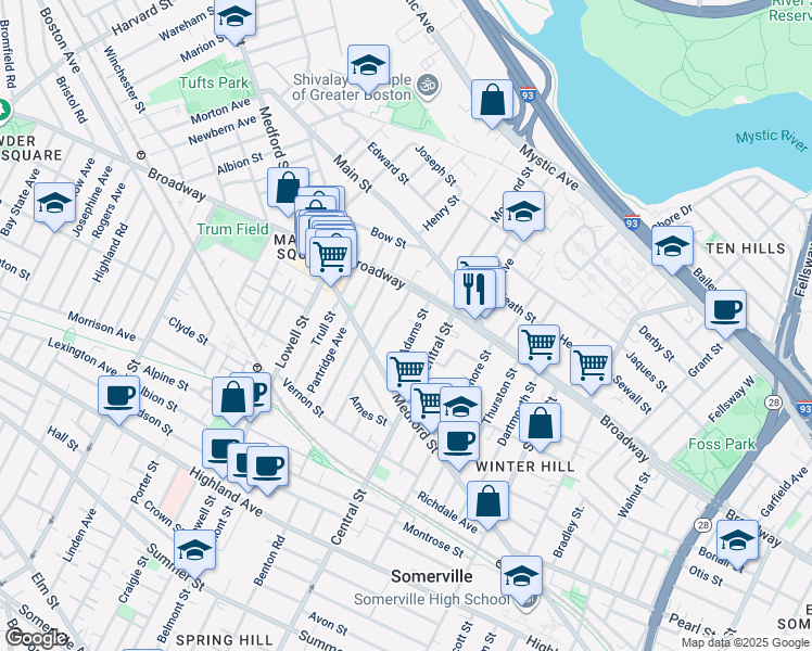 map of restaurants, bars, coffee shops, grocery stores, and more near 43 Adams Street in Somerville