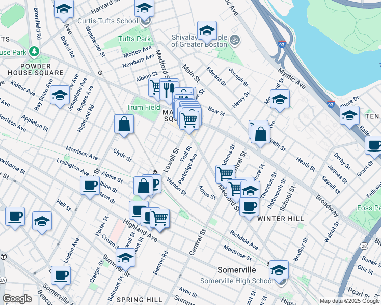 map of restaurants, bars, coffee shops, grocery stores, and more near 47 Partridge Avenue in Somerville