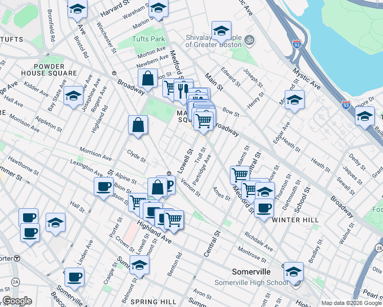 map of restaurants, bars, coffee shops, grocery stores, and more near 38 Trull Street in Somerville
