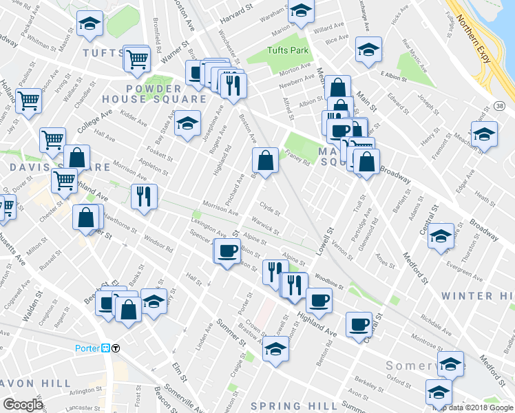 map of restaurants, bars, coffee shops, grocery stores, and more near 181 Cedar Street in Somerville