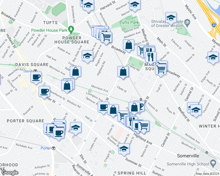 map of restaurants, bars, coffee shops, grocery stores, and more near 181 Cedar Street in Somerville