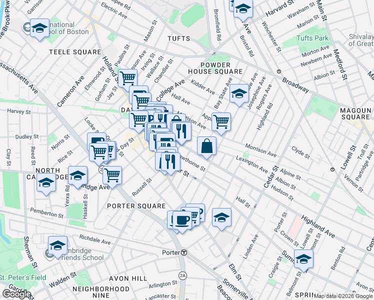 map of restaurants, bars, coffee shops, grocery stores, and more near 378 Highland Avenue in Somerville