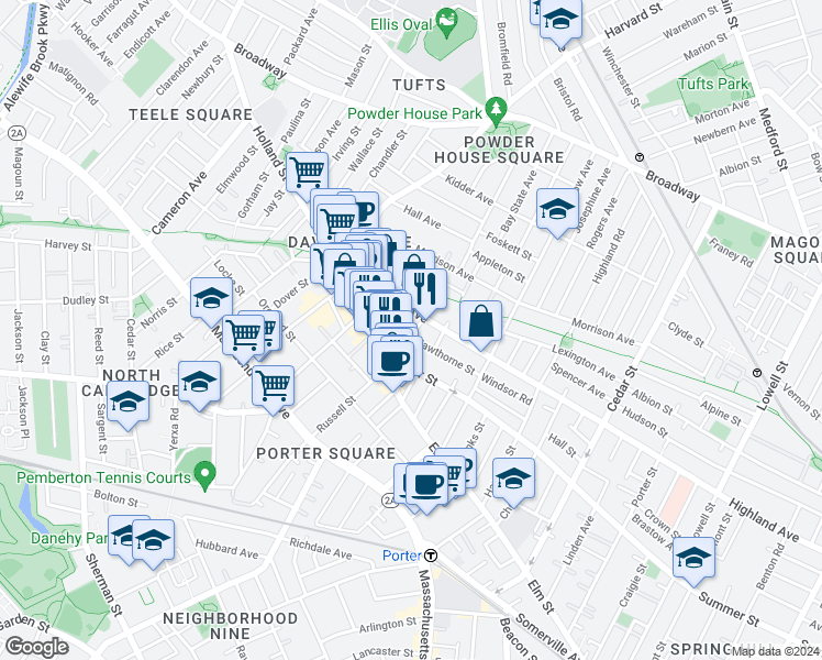 map of restaurants, bars, coffee shops, grocery stores, and more near 378 Highland Avenue in Somerville