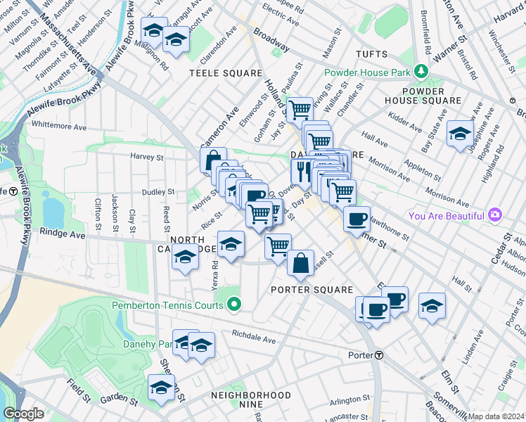 map of restaurants, bars, coffee shops, grocery stores, and more near 15 Day Street in Cambridge
