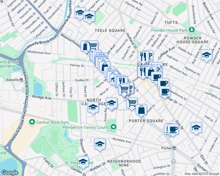 map of restaurants, bars, coffee shops, grocery stores, and more near 24 Rice Street in Cambridge