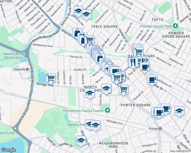 map of restaurants, bars, coffee shops, grocery stores, and more near 59 Rice Street in Cambridge