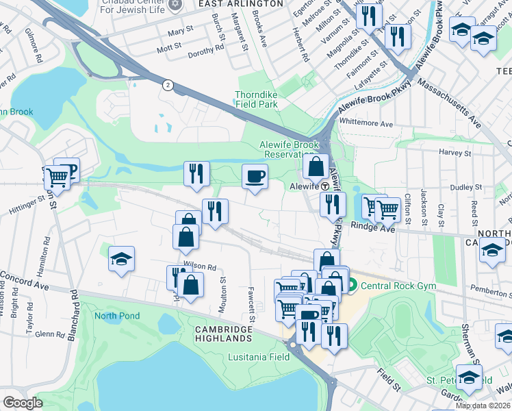 map of restaurants, bars, coffee shops, grocery stores, and more near 150 Cambridgepark Drive in Cambridge