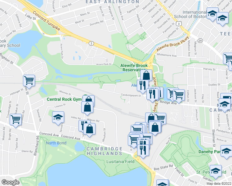 map of restaurants, bars, coffee shops, grocery stores, and more near 150 Cambridgepark Drive in Cambridge