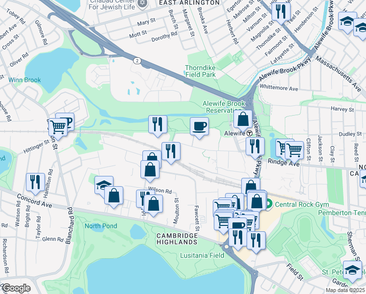 map of restaurants, bars, coffee shops, grocery stores, and more near 180 Cambridgepark Drive in Cambridge