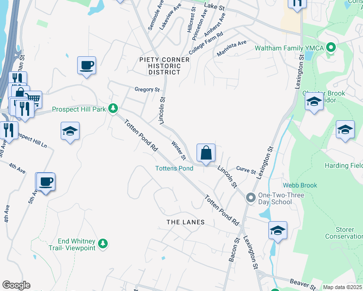 map of restaurants, bars, coffee shops, grocery stores, and more near 131 Lincoln Street in Waltham