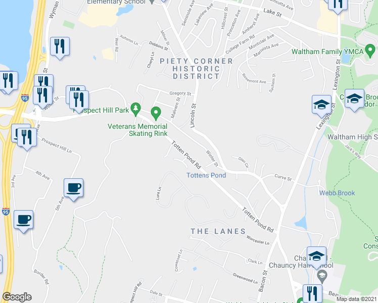 map of restaurants, bars, coffee shops, grocery stores, and more near 216 Totten Pond Road in Waltham