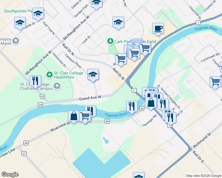 map of restaurants, bars, coffee shops, grocery stores, and more near 795 Grand Avenue West in Chatham