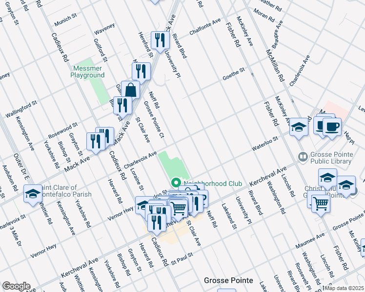 map of restaurants, bars, coffee shops, grocery stores, and more near 754 Neff Road in Grosse Pointe