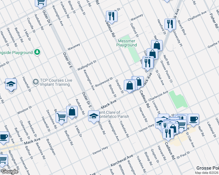 map of restaurants, bars, coffee shops, grocery stores, and more near 3494-3500 Yorkshire Road in Detroit