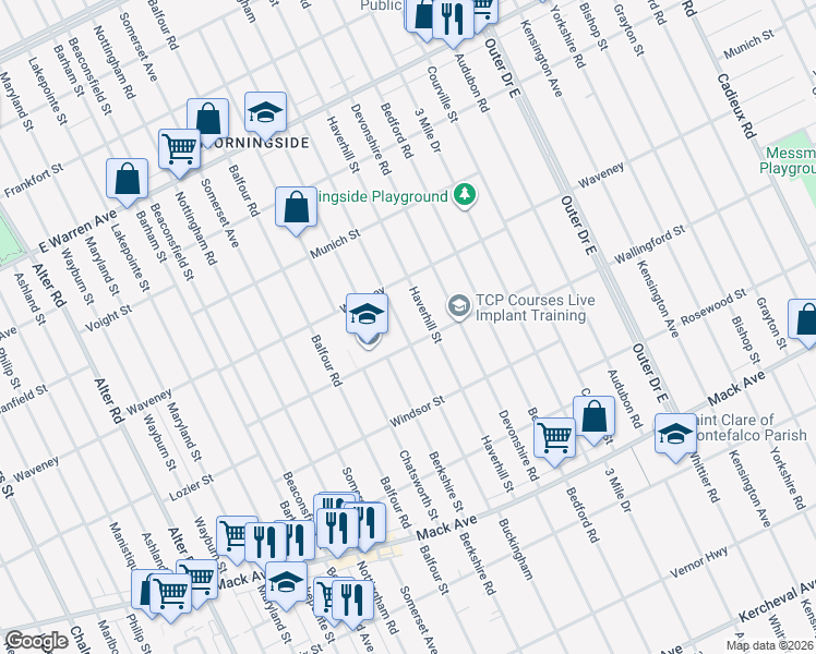 map of restaurants, bars, coffee shops, grocery stores, and more near 4100 Buckingham in Detroit