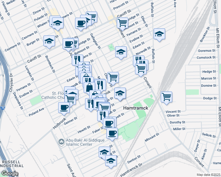 map of restaurants, bars, coffee shops, grocery stores, and more near 3114 Holbrook Avenue in Hamtramck