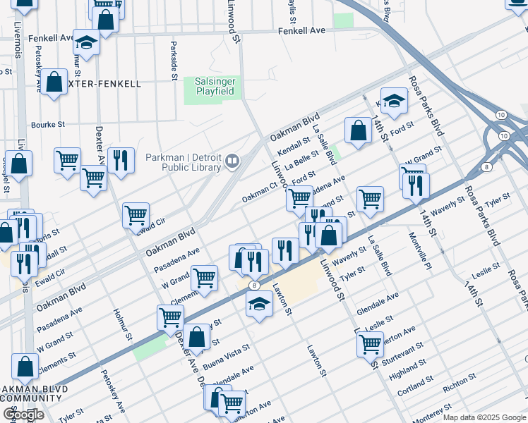 map of restaurants, bars, coffee shops, grocery stores, and more near 2711 Pasadena Street in Detroit