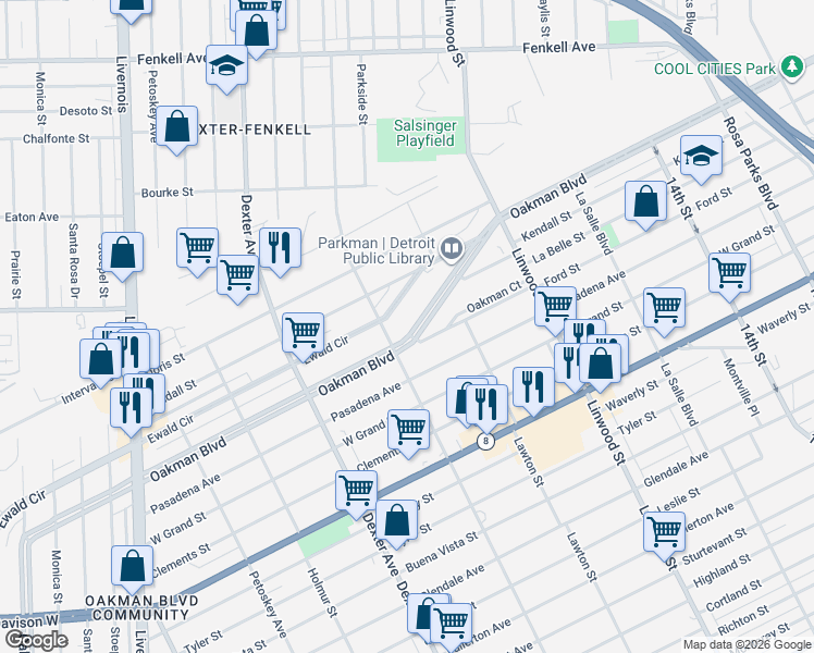 map of restaurants, bars, coffee shops, grocery stores, and more near 2995 Oakman Court in Detroit