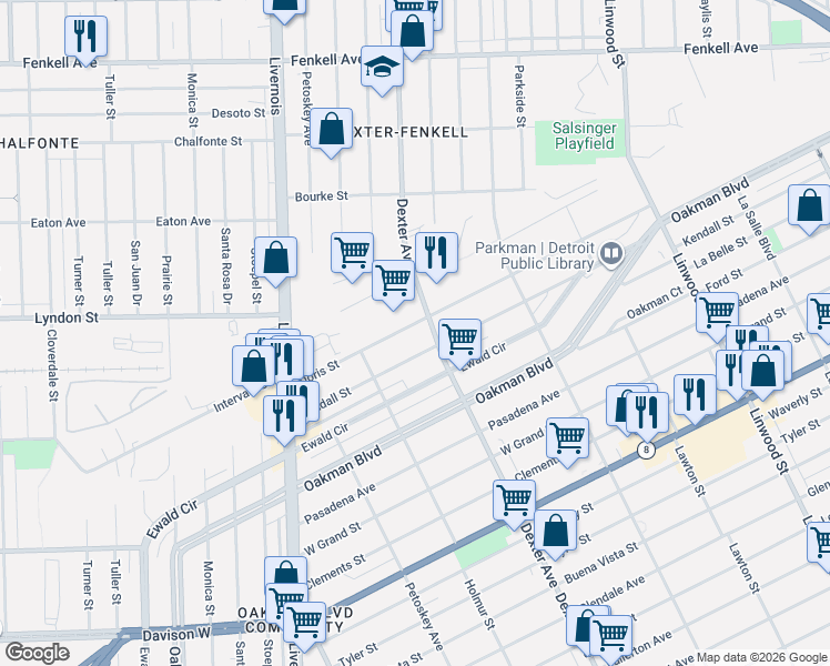 map of restaurants, bars, coffee shops, grocery stores, and more near 3718 Kendall Street in Detroit