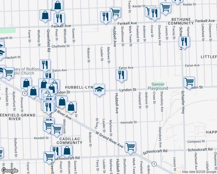 map of restaurants, bars, coffee shops, grocery stores, and more near 14525 Marlowe Street in Detroit