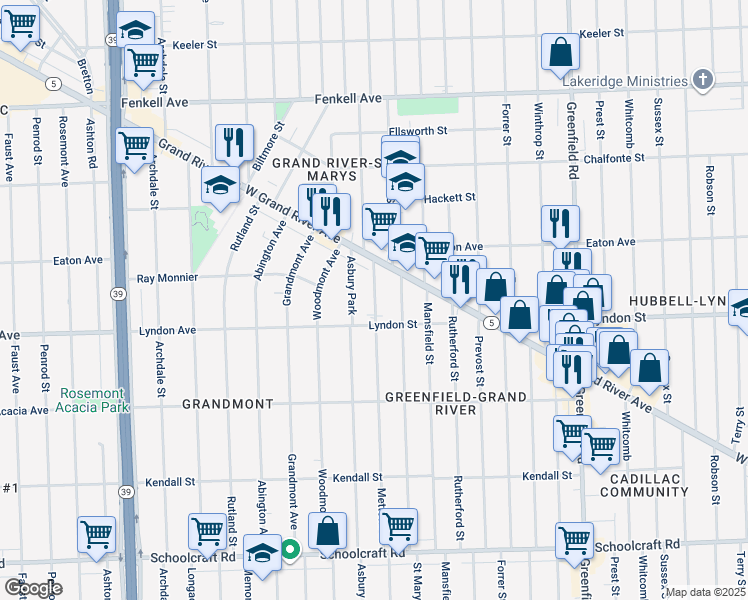 map of restaurants, bars, coffee shops, grocery stores, and more near 14521 Saint Marys Street in Detroit