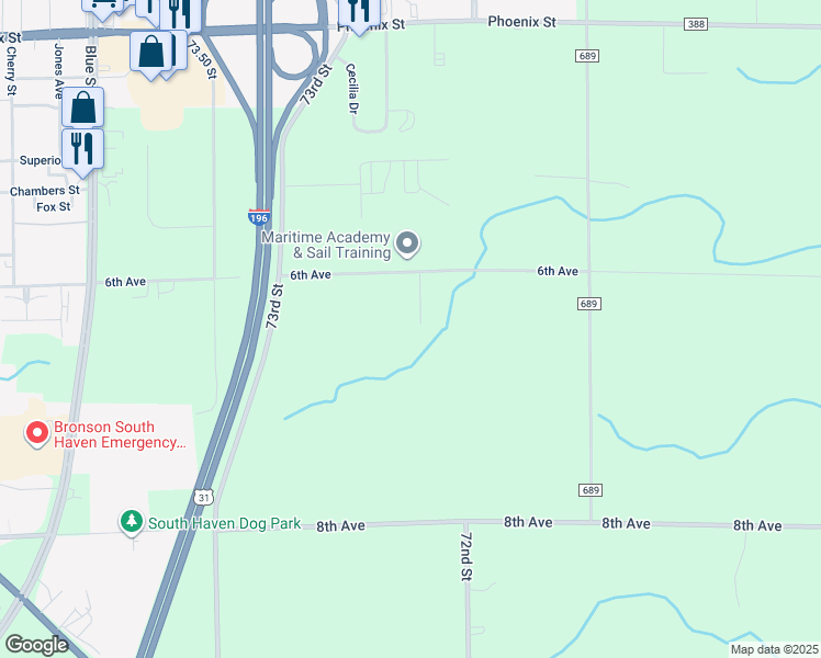 map of restaurants, bars, coffee shops, grocery stores, and more near 6400 Springhill Lane in South Haven