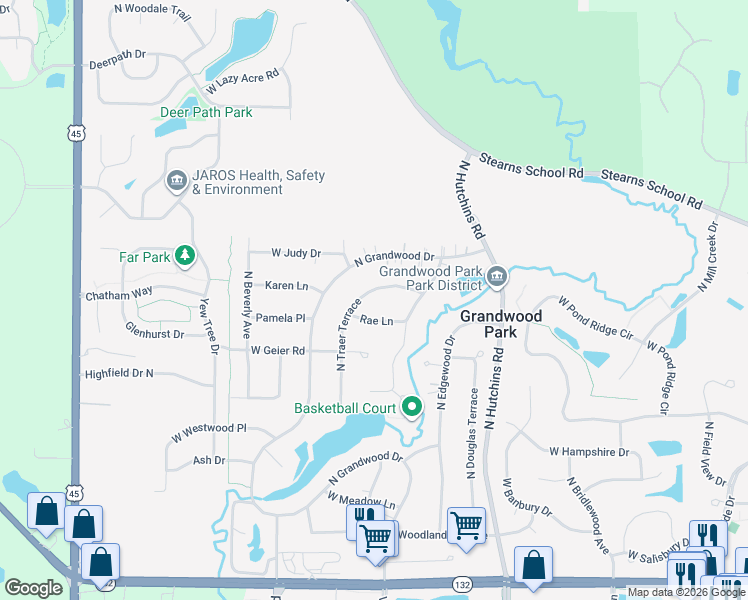 map of restaurants, bars, coffee shops, grocery stores, and more near 18454 Rae Lane in Gurnee