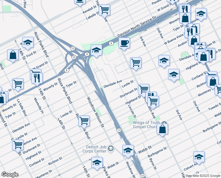 map of restaurants, bars, coffee shops, grocery stores, and more near 369 Glendale Avenue in Highland Park