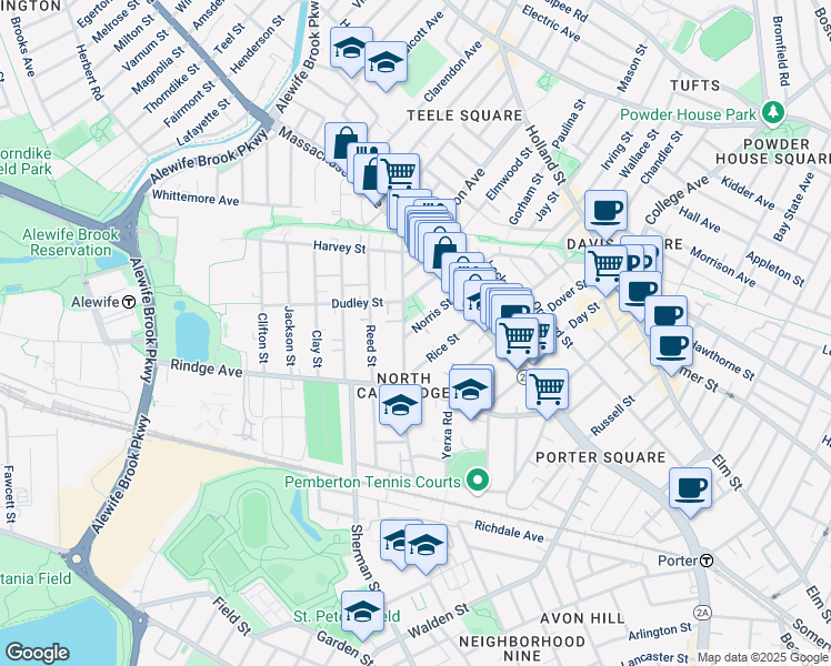 map of restaurants, bars, coffee shops, grocery stores, and more near 59 Rice Street in Cambridge