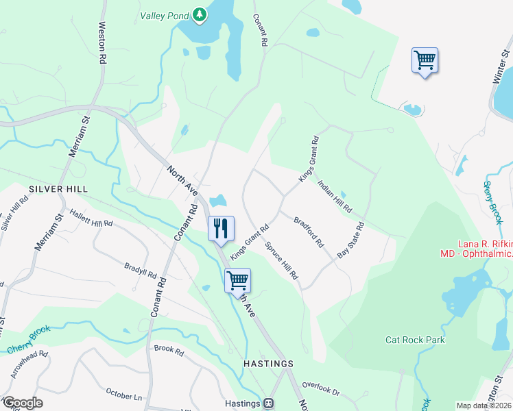map of restaurants, bars, coffee shops, grocery stores, and more near 12 Myles Standish Road in Weston