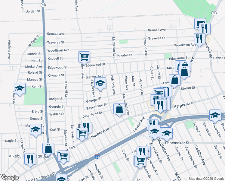 map of restaurants, bars, coffee shops, grocery stores, and more near 8901 Holcomb Avenue in Detroit