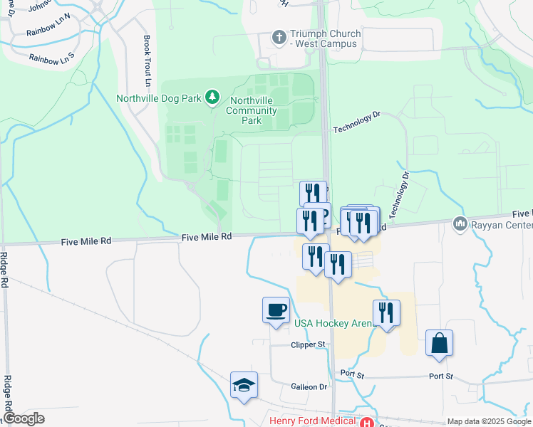 map of restaurants, bars, coffee shops, grocery stores, and more near 47717 Fieldstone Drive in Northville