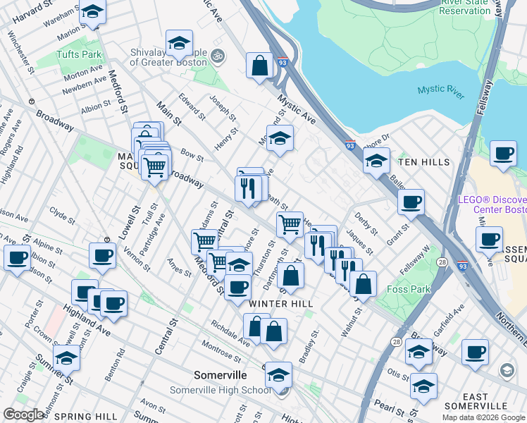 map of restaurants, bars, coffee shops, grocery stores, and more near 379 Broadway in Somerville