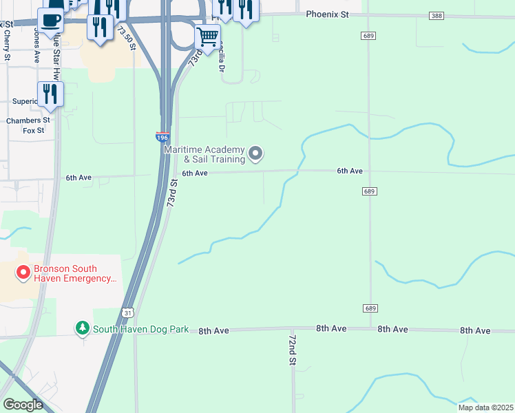 map of restaurants, bars, coffee shops, grocery stores, and more near 6400 Springhill Lane in South Haven