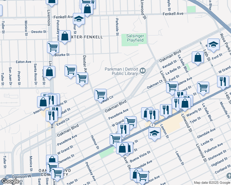 map of restaurants, bars, coffee shops, grocery stores, and more near 2028 Ewald Circle in Detroit