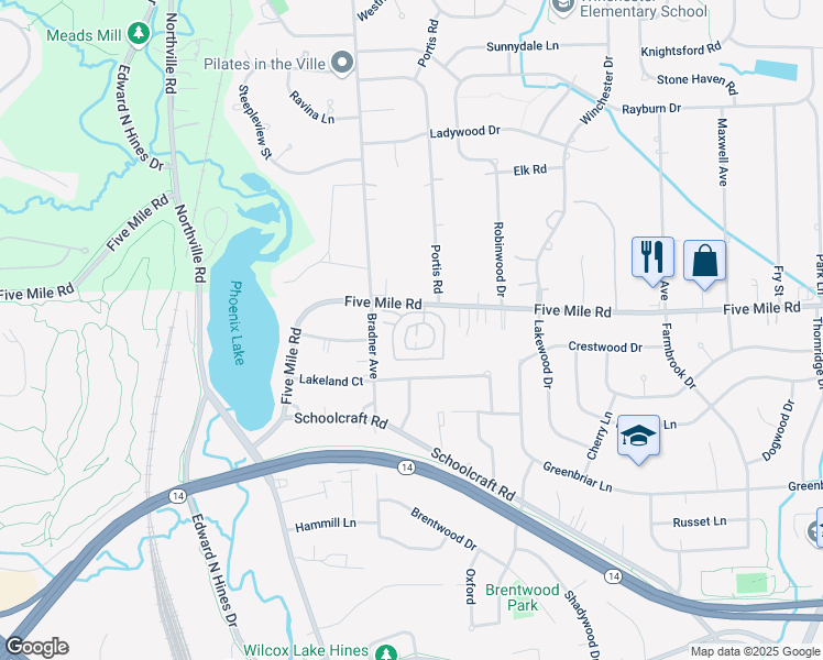 map of restaurants, bars, coffee shops, grocery stores, and more near 42163 Mill Race Circle in Plymouth