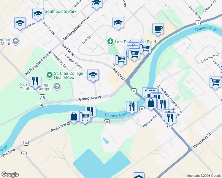 map of restaurants, bars, coffee shops, grocery stores, and more near 795 Grand Avenue West in Chatham-Kent