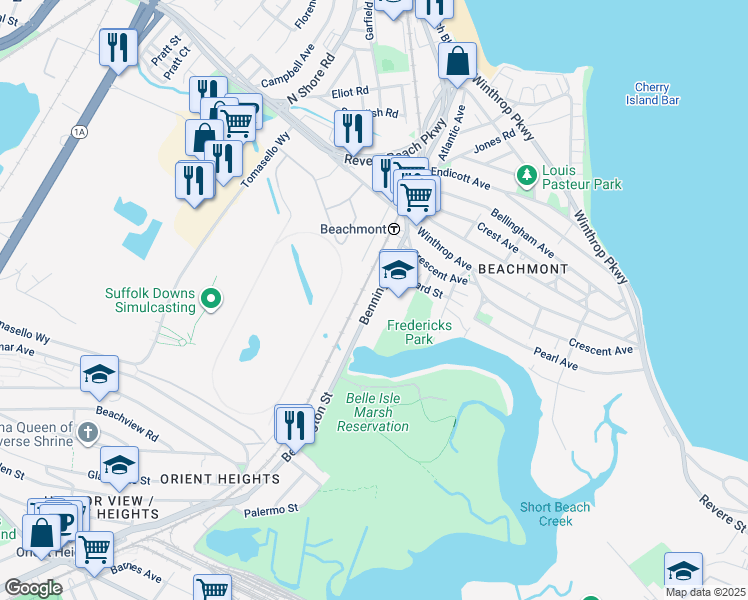 map of restaurants, bars, coffee shops, grocery stores, and more near 137 Bennington Street in Revere