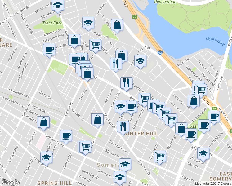 map of restaurants, bars, coffee shops, grocery stores, and more near 200 Central Street in Somerville