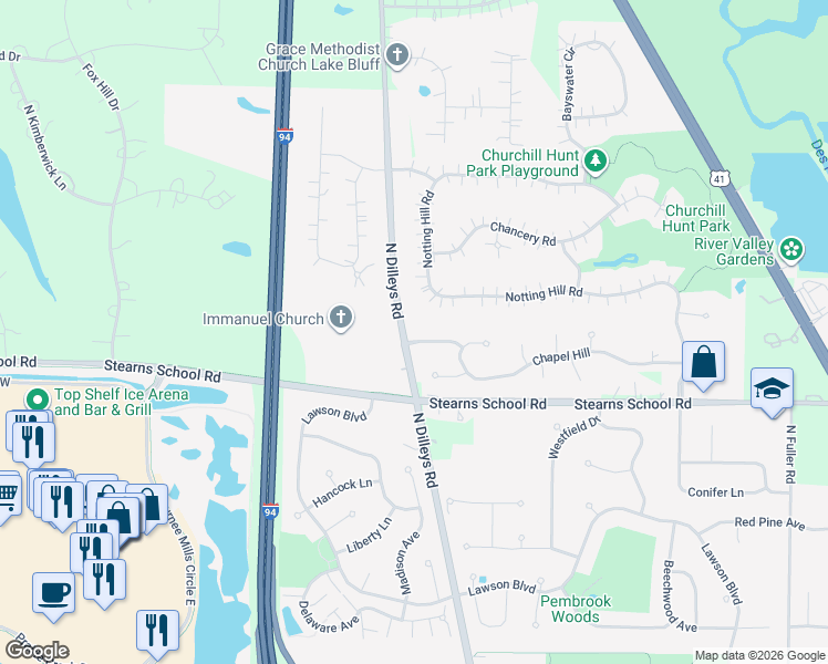 map of restaurants, bars, coffee shops, grocery stores, and more near 5698 Steeple Pointe in Gurnee
