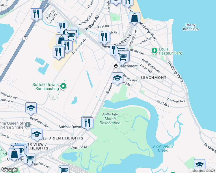 map of restaurants, bars, coffee shops, grocery stores, and more near 93 Bennington Street in Revere