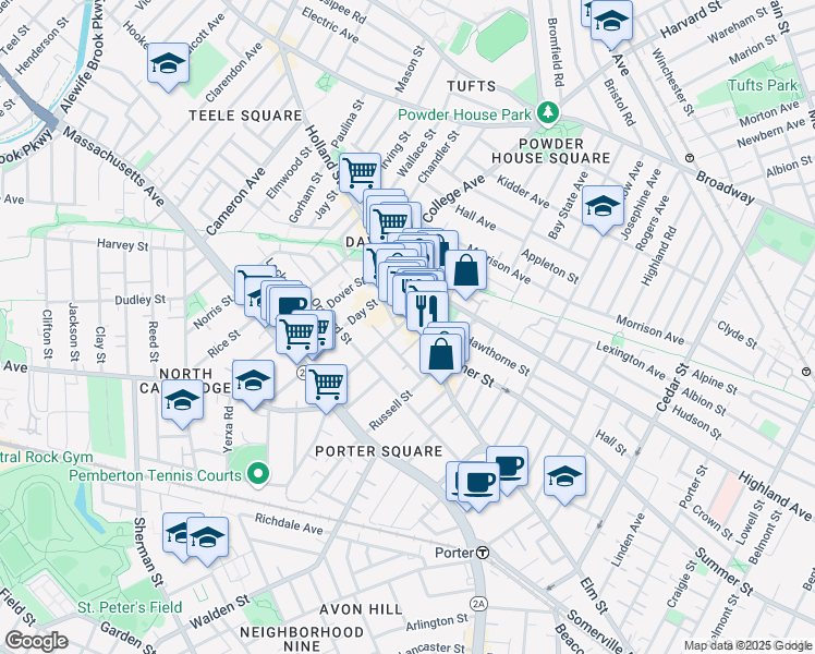 map of restaurants, bars, coffee shops, grocery stores, and more near in Somerville