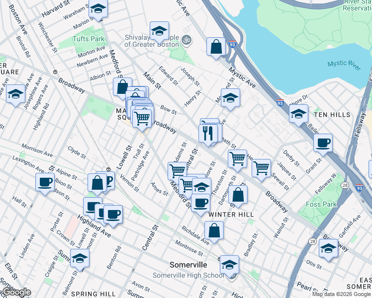 map of restaurants, bars, coffee shops, grocery stores, and more near 43 Adams Street in Somerville