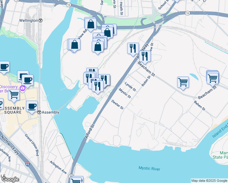 map of restaurants, bars, coffee shops, grocery stores, and more near 1 Horizon Way in Everett