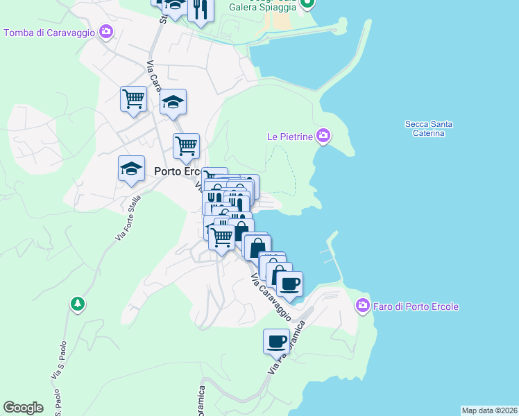 map of restaurants, bars, coffee shops, grocery stores, and more near 6 Strada Privata Cirio in Porto Ercole