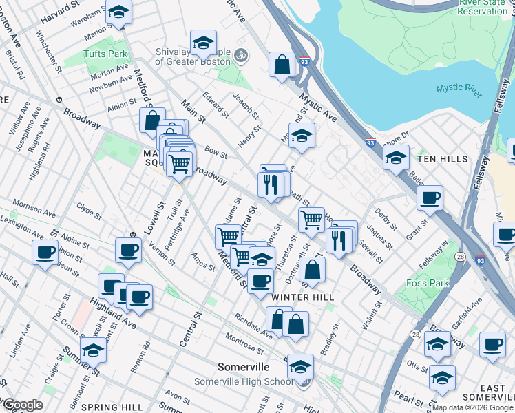 map of restaurants, bars, coffee shops, grocery stores, and more near 201 Central Street in Somerville